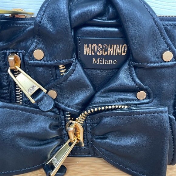 Moschino Black Leather Biker Bag/Clutch with Gold Accents - Picture 2 of 7